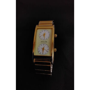 Avalon Dual Time Zone Watch Ladies Rectangular Face Gold NEW BATTERY #W4684